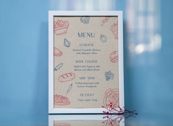 Framed café menu printed in blue and red ink